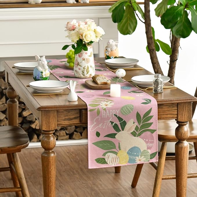 Artoid Mode Pink Bunny Eggs Leaves Flowers 210 GSM Easter Table Runner, Seasonal Spring Kitchen Dining Table Decoration for Home Party Decor 13x90 Inch
