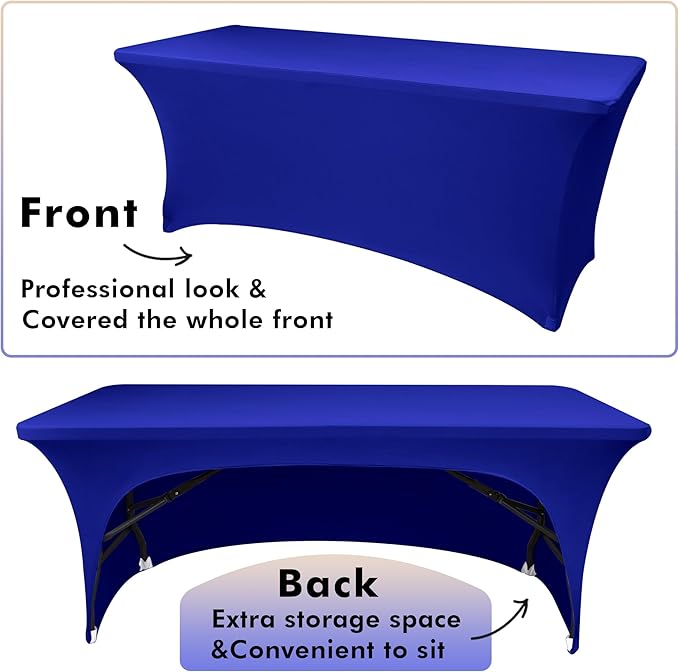 Nasitos 2 Pack Fitted Royal Blue 8ft Tablecloth-Open Back Spandex Fabric Table Covers, Washable and Wrinkle Resistant Table Cloth for Trade Show, Parties, Weddings, Events, Vendor Booth