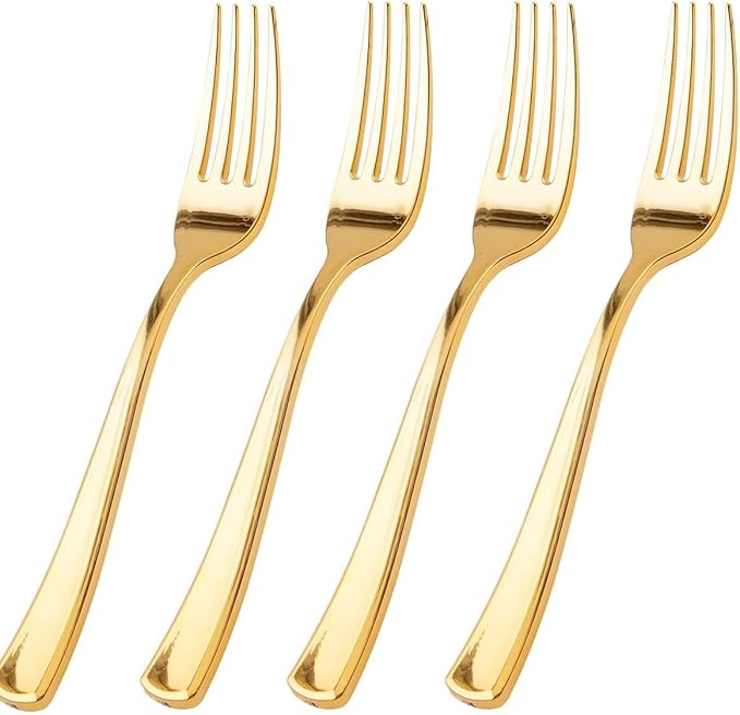 WDF 100 Pcs Gold Plastic Forks - Heavy Duty Sturdy&Durable Forks Disposable 7.4inch - Elegant Gold Forks for Dessert, Durable Plastic Cutlery for Wedding or Daily Using Valentine's Day