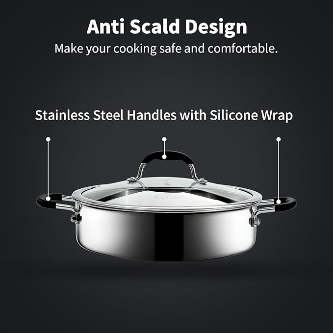 Tri-Ply Stainless Steel Saute Pan with Lid, 5 Quart Deep Saut챕 Pan with Comfortable Silicone Handle,11.5 Inch Frying Pan,Dishwasher and Oven Safe,Induction Stainless Steel Cookware