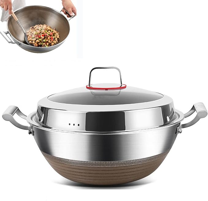 Titanium Hammered Wok with Double Handles, 2026 New Frying Pans Nonstick, Non-Stick Wok, Scratch-Resistant Non Stick Titanium Pans, Even Heating for Cooking with All Cooktops,With lid,13.38in