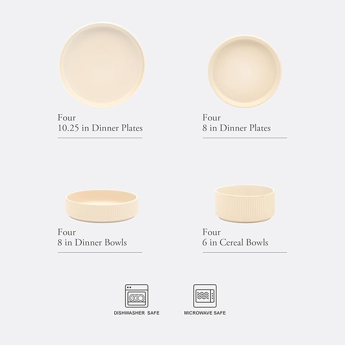 Gibson Elite Deerfield 16-Piece Stoneware Dinnerware Set ??Cream White Reactive Glaze Plates and Bowls, Stackable Design, Service for 4 ??Dishwasher & Microwave Safe