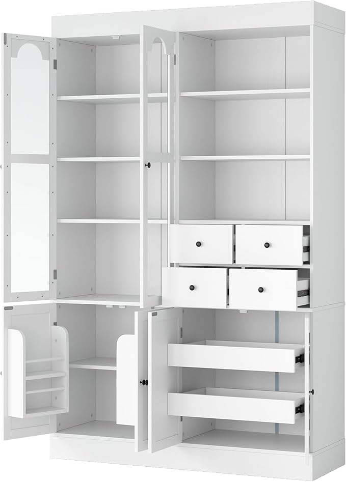75-inch Tall Kitchen Pantry Cabinet, Freestanding Buffet with Hutch, Storage Cabinet with 4 Drawers, Door Shelves and Pull-Out Trays for Dining Room (White + MDF + Farmhouse)