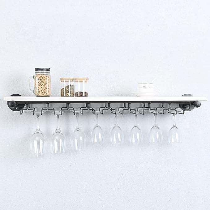 Industrial Wine Rack Wall Mounted with 5 Glass Holder,Wine Glass Rack Floating Wine Glass Shelf,36in Pipe Shelving Hanging Wood Shelves