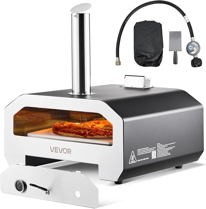 VEVOR Dual Fuel Pizza Oven Outdoor, 16 in Wood Fire & Propane Gas Pizza Oven, Portable Pellet & Propane Pizza-Maker with Thermometer, Large Multi Fuel Pizza Cook for Outside Camping & Backyard