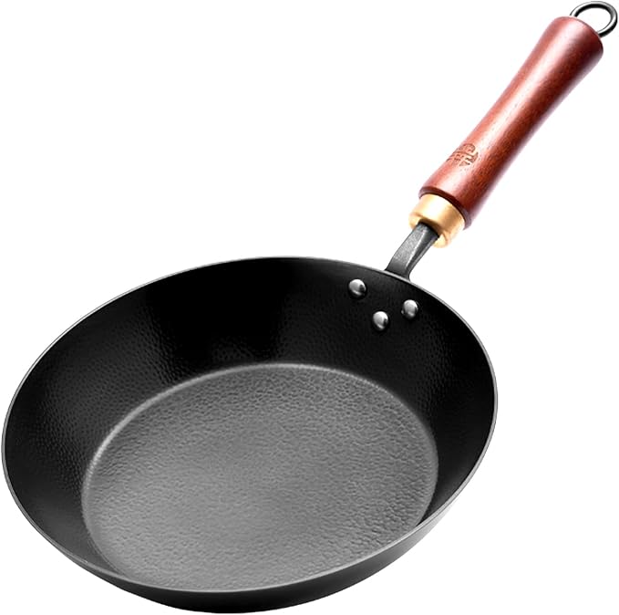 WANGYUANJI Coating-Free Carbon Steel Pan, Flat Bottom Skillet with Removable Heat-Resistant Wooden, High-Heat & Open Flame Compatible (Gas, Electric, Induction) 10.24Inch Frying Pans for Cooking