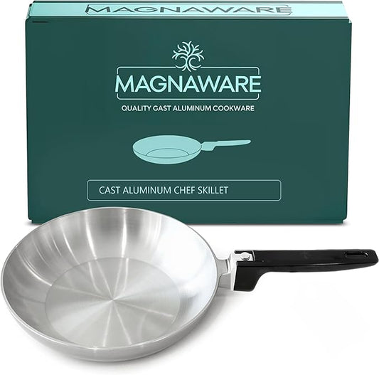 Chef Skillet ??Quick & Even Heat Distribution ??Lightweight Cast Aluminum Frying Pan ??No Seasoning Required ??PFOA & PTFE Free ??Oven Safe Up to 350째F ??Classic Vintage Design (13 Inch)