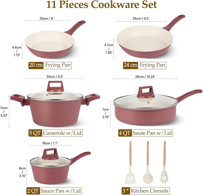 Pots and Pans Set Non Stick, 11 Pcs Kitchen Induction Cookware Set, Non Toxic Granite Nonstick Cooking Set with Frying Pan Set, Saucepans, Utensils, Reddish Brown