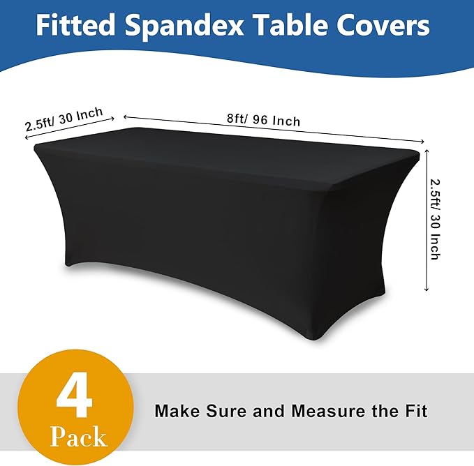 Enjoyidea Spandex Table Cloths for 8 Foot Rectangle Tables-4 Pack Fitted Stretch Black Table Covers-Elastic Folding Tablecloths for Party, Vendor Booth Display, Banquet Buffet Event, Craft Trade Show