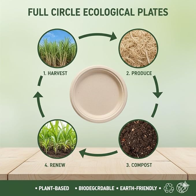 100% Compostable Paper Plates, Heavy Duty Disposable Plates [125-Pack] 9 Inch Plates - Eco-Friendly, Biodegradable Sugarcane Bagasse, Natural Unbleached Brown 9" Dinner Paper Plate Disposable