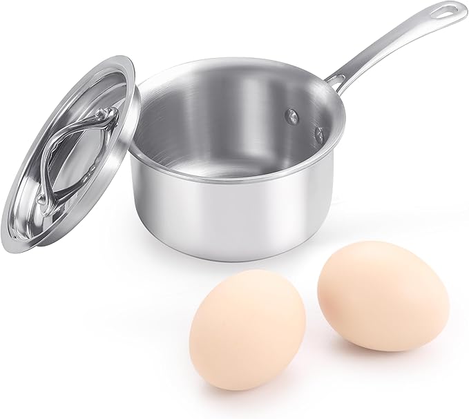 Mini Sauce Pan with Lid, Tri-Ply Stainless Steel Pot with Stay-Cool Handle & All Cooktop Compatibility (Gas, Ceramic, Electric) - Silver