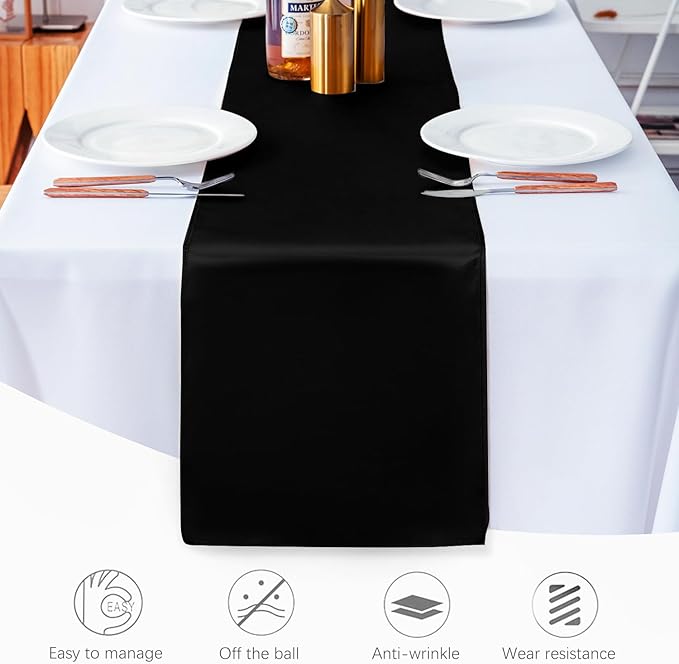 JEVIX 10 Pack Satin Table Runner 12 X 108 Inch Silk Table Runner for Party,Wedding, Birthday, Banquets,Decoration(Black)