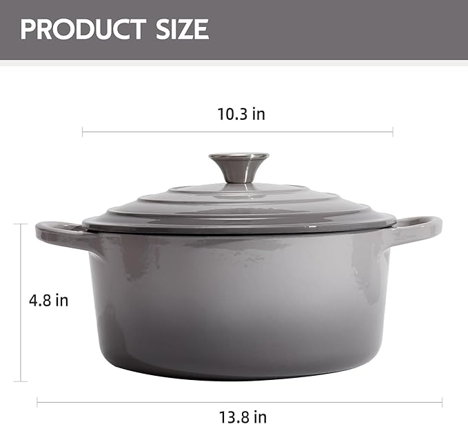 6 Quart Dutch Oven Enameled Cast Iron with Lid - Big Dual Handles - Oven Safe up to 500째F - Classic Round Pot for Versatile Cooking (Light Gray, 6 QT)