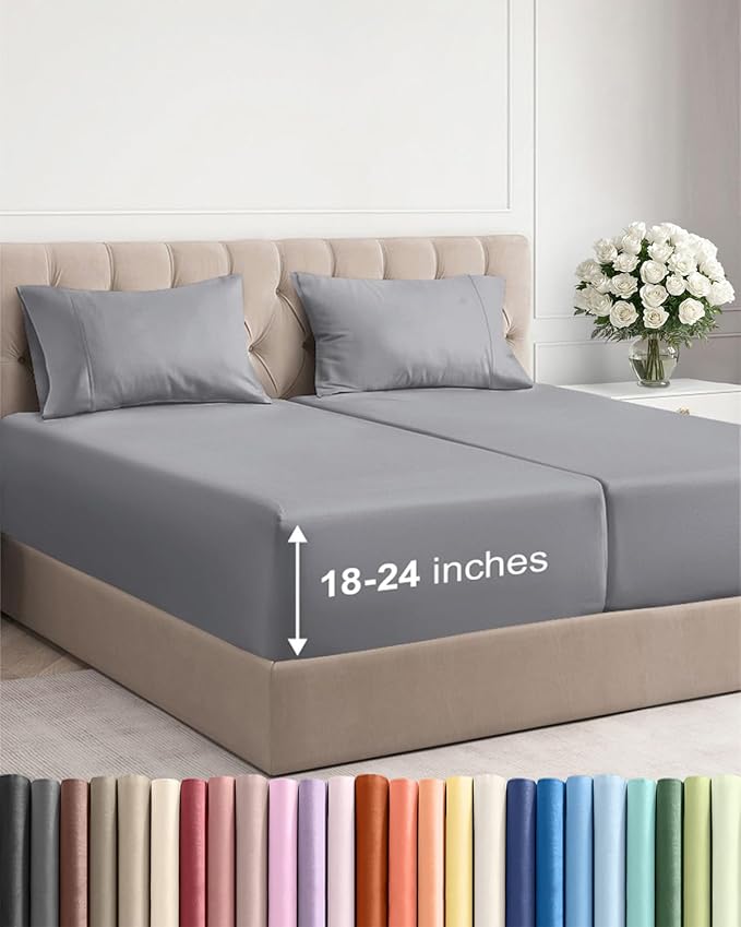 Extra Deep Pocket Split King Sheets - 5 Piece Breathable & Cooling Bed Sheets - Hotel Luxury Bed Sheet Set - Soft, Wrinkle Free & Comfy - Easily Fits Extra Deep Mattresses - Steel Blue Sheets Set
