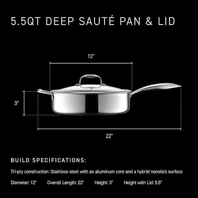 HexClad Hybrid Nonstick 5.5-Quart Deep Saut챕 Pan with Tempered Glass Lid, Stay-Cool Handle, Dishwasher-Friendly, Oven-Safe Up to 900째F, Induction Ready, Compatible with All Cooktops