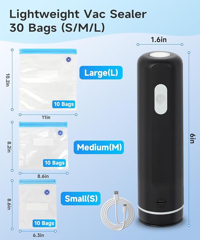 Handheld Vacuum Sealer for Food, Compact Vacuum Sealer Machine with 30pcs Reusable Vacuum Bags, Portable Cordless Save Food Kit with 10S+10M+10L, Food Storage for Freezer, Black