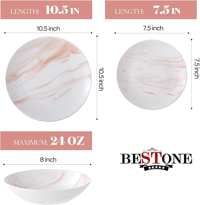 Bestone 12 Pieces Round Kitchen Dinnerware Sets,Plates and Bowls sets,Dishes, Plates, Bowls, Dish Set竊똏lates and Bowls,Service for 4, Orange and White Marble