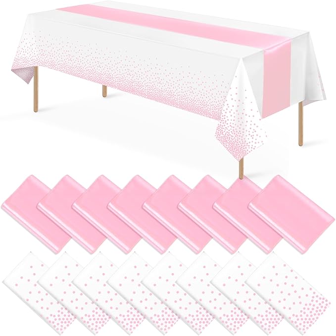 16Pack Disposable Plastic Tablecloths and Satin Table Runner Set White and Pink Dot Table Cloth Gold for Graduation Wedding Engagement Birthday Baby Shower Anniversary Holiday Party Decorations