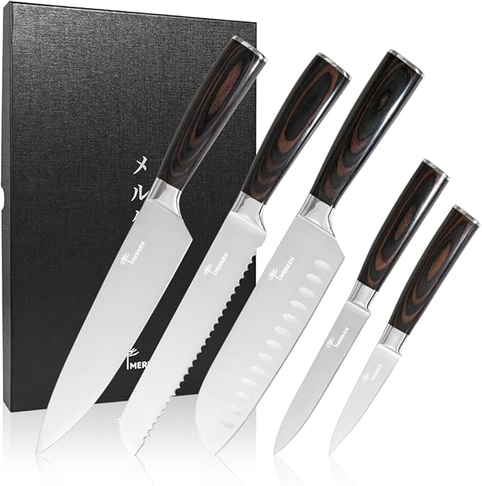Kitchen Knife Set - 5 Pieces | Includes 8" Chef Knife, 7" Santoku, 8" Bread, 5" Utility, 3.5" Paring | Japanese Style High Carbon Steel Blades, Pakkawood Handles, Ultra Sharp Kitchen Tools