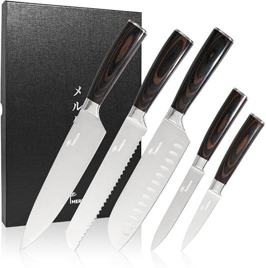 Kitchen Knife Set - 5 Pieces | Includes 8" Chef Knife, 7" Santoku, 8" Bread, 5" Utility, 3.5" Paring | Japanese Style High Carbon Steel Blades, Pakkawood Handles, Ultra Sharp Kitchen Tools