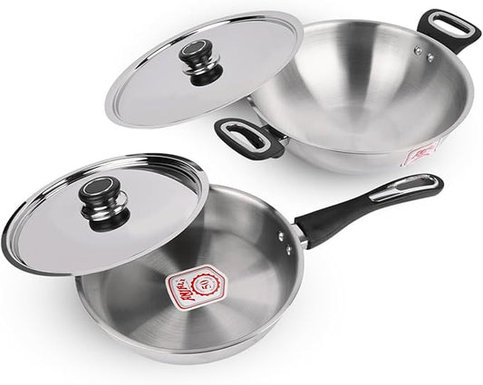 ANJALI Fiesta Pro Stainless Steel Fry Pan & Kadai Set ??8.7 Inch Frying Pan and 10.2 Inch Kadai ??Induction & Gas Compatible Cookware with Stay-Cool Handles