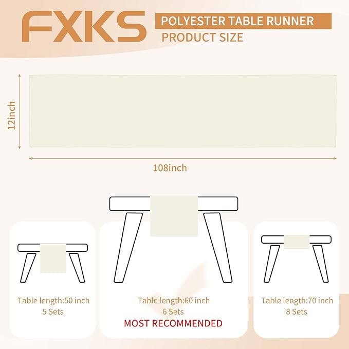 12 Pack Ivory Table Runner,Polyester Table Runners,12x108 inch Rustic Farmhouse 9FT Table Runner, Washable and Reusable Table Runners for Wedding Birthday Parties Banquet Table Decorations