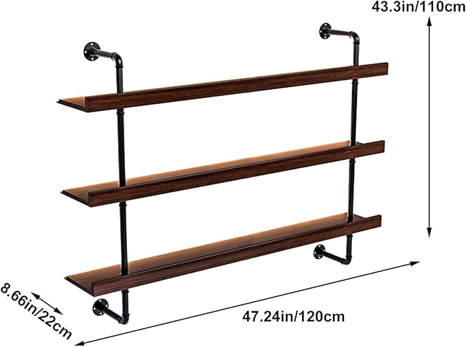 47.2in Large Wine Rack Wall Mounted, 3-Tier Floating Liquor Bottles Shelving with Light Wooden Storage Organizer Display for Kitchen, Bar, Dining Room, Cafe
