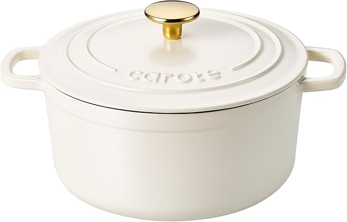 CAROTE Enameled Cast Iron Dutch Oven Pot with Lid, 4 QT Dutch Ovens, Heavy-Duty Cast Iron Pot for Sourdough Bread Baking, Braising, Stews, Roasting, Healthy & Non-Toxic, Dual Handles, All Stovetop Compatible, Oven Safe up to 500째 F, Cream White