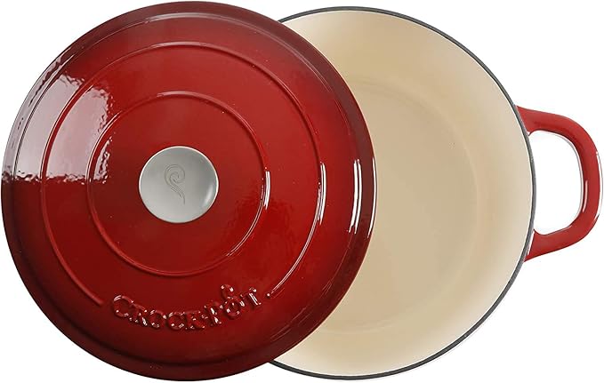 Crock-Pot Artisan 7-Quart Round Enameled Cast Iron Dutch Oven ??Scarlet Red, Heavy-Duty Cookware for Slow Cooking, Baking, Roasting with Lid