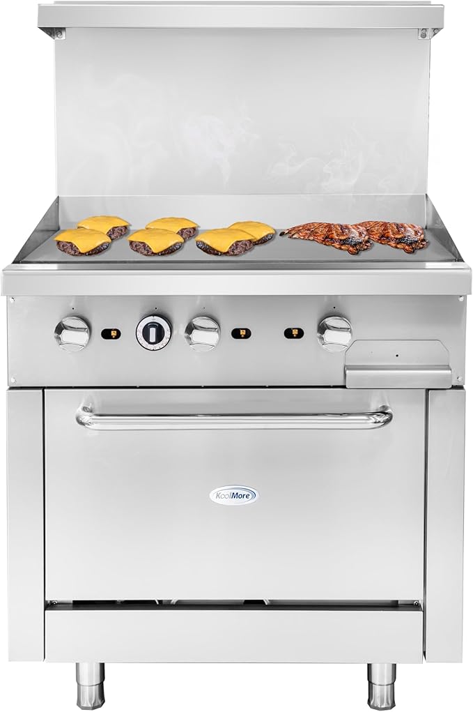 KoolMore 36 in. Commercial Natural Gas Oven with Full Griddle Top, Ceramic Coated Interior and Large Upper Shelf, 90000 BTU, CSA Listed in Stainless-Steel (KM-CRG36G-NG)