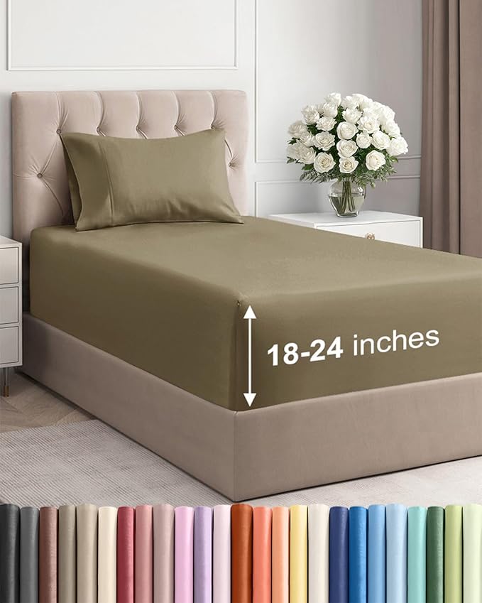Extra Deep Pocket Twin Sheets - 3 Piece Breathable & Cooling Bed Sheets - Hotel Luxury Bed Sheet Set - Soft, Wrinkle Free & Comfy - Easily Fits Extra Deep Mattresses - Deep Pocket Khaki Sheets Set