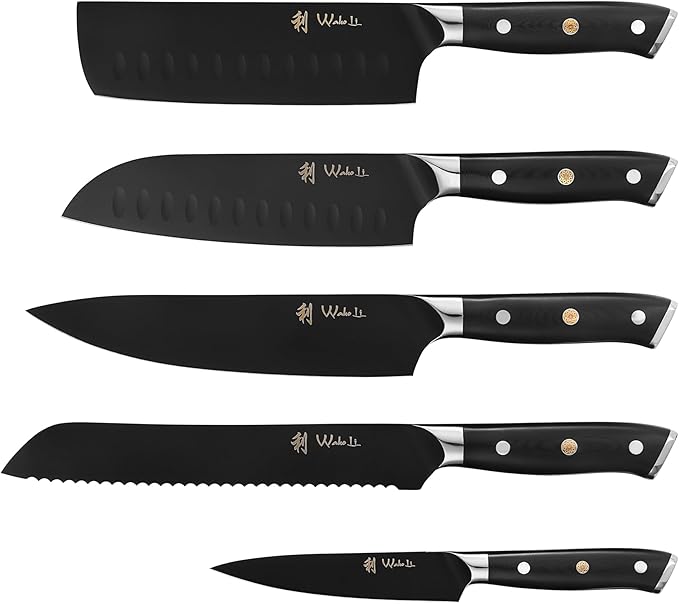 Wakoli Titanium Noir Knife Block Set ??5-Piece Chef Knife Set with Magnetic Acacia Block | 5Cr15MoV Stainless Steel Blades with Black Titanium Coating | Ergonomic G10 Handles | Kitchen Knives Gift Set