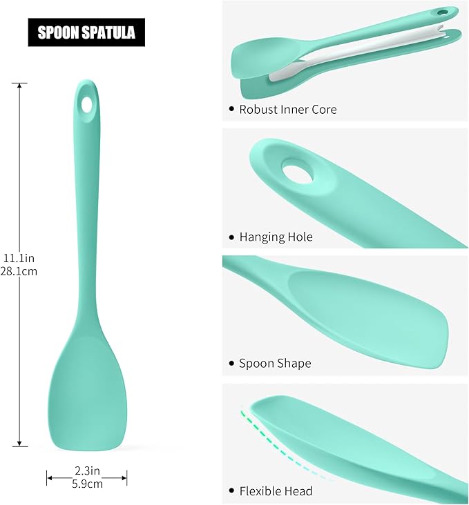 Doosu Silicone Spoon Spatula, 600쨘F Heat-Resistant Food Grade Rubber Spoonula with Seamless Design, Non-Stick Flexible Scraper Kitchen Cooking Spoon Baking Tool for Mixing, Scraping (Aqua Sky)