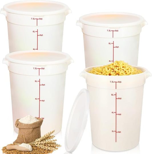 Hushee 4 Pcs Commercial Food Storage Containers Round PP Food Storage Containers with Lids for Pantry Translucent Plastic Tubs with Lids for Storage Food Safe Bucket with Scales and Handles (8 Quart)
