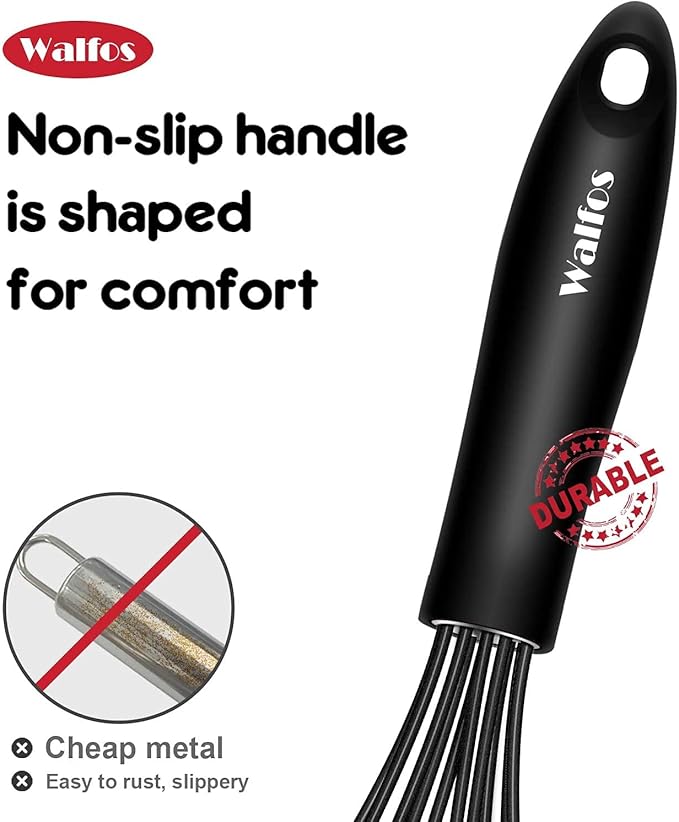 Walfos Whisk,Whisks for cooking set, 304 Stainless steel Whisks,Heat Resistant 600째F.Perfect for Blending Beating Stirring - 11inFlat Whisk and 7+9+11in Balloon Whisk