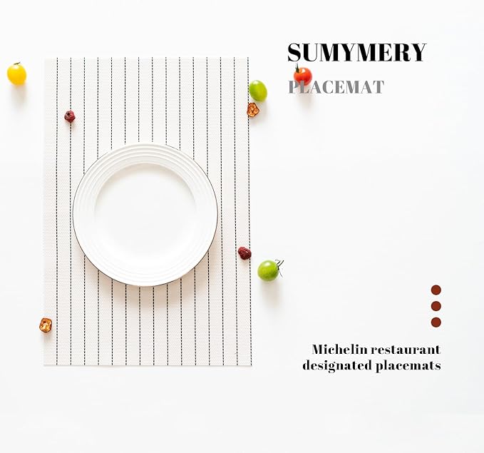 SUMYMERY Placemats Set of 6 Vinyl/Plastic Woven Place Mats for Kitchen Table Indoor/Outdoor Washable Placemat Wipeable Dining Table Mats (White Stripes,6)