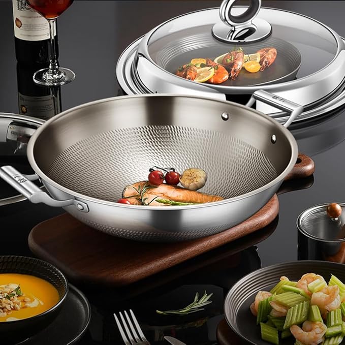Titanium Hammered Wok with Double Handles, 2026 New Multifunctional Ultra-Durable Scratch-Resistant Non Stick Even Heating Titanium Wok for Cooking,No lid,15.75IN