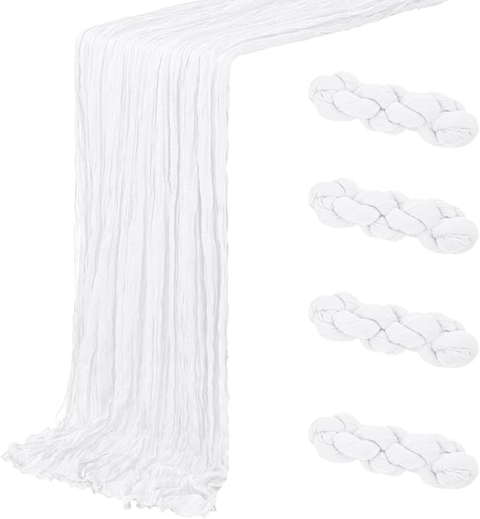 4 Pack White Cheesecloth Table Runner 20 x 120 inch Gauze Table Runners 10 FT Long,Semi Sheer Boho Cheese Cloth Fabric Table Runner Bulk for Wedding,Party,Baby Shower,Bridal Shower Decoration