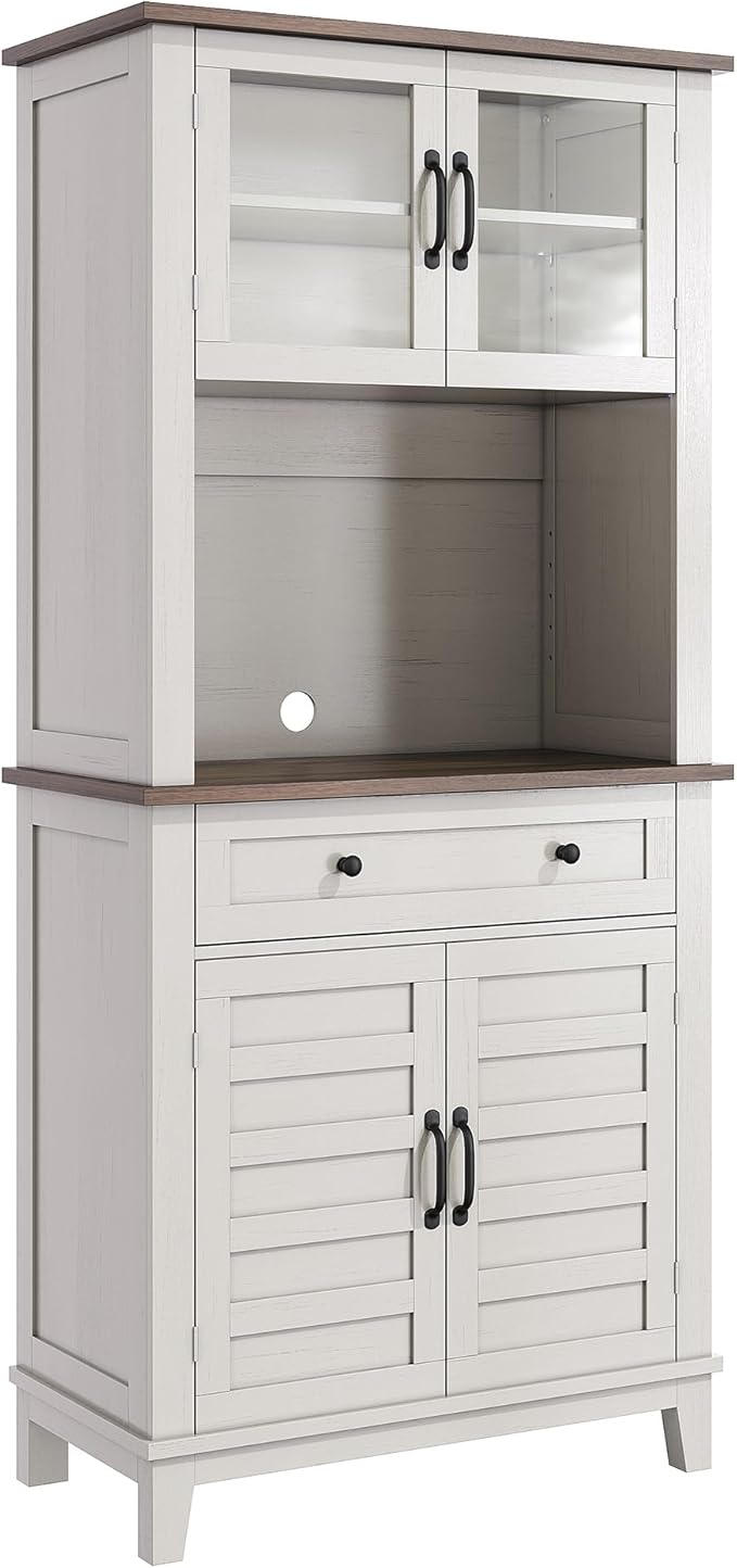 Elegant White Modern Wood Pantry Coffee Cabinet with Ample Storage, Spacious 72" Tall Kitchen Bar Cabinet Hutch Featuring 4 Stylish Glass Doors & 1 Smooth Drawer, Versatile Stand-Alone Food Pantry
