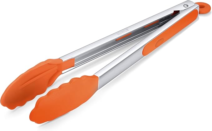 Salad Tongs, 7/9/12/16 Inch Silicone Food Tongs with 304 Stainless Steel Core, Easy-Grip, in Pistachio, Black, Blue, Orange, Red (Orang, 12inch)