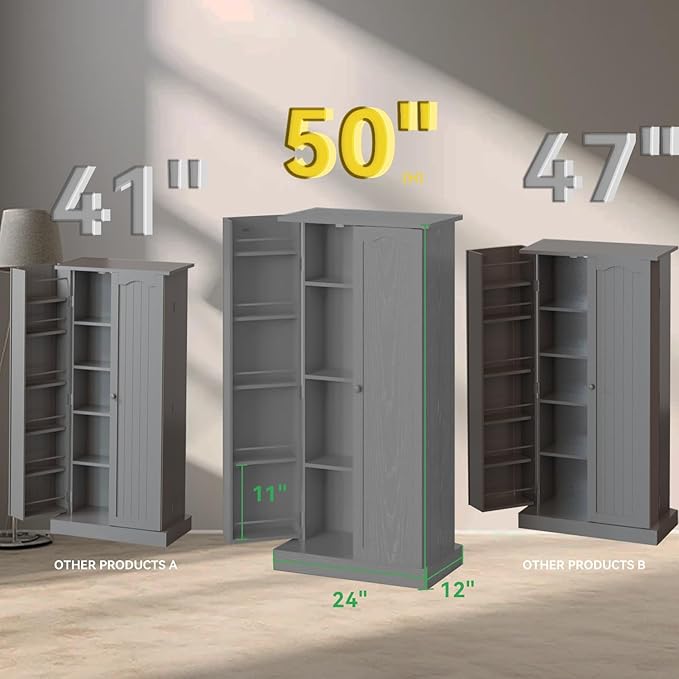 50" LED Kitchen Pantry Cabinet Grey Storage Cabinet Food Pantry with Doors and Adjustable Shelves Freestanding Buffet Cupboards Sideboard for Kitchen Living Room and Dinning Room