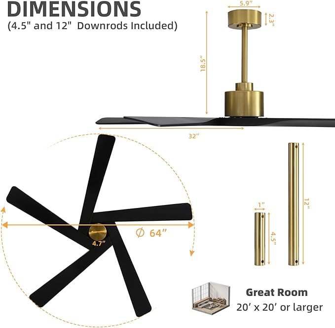 WINGBO 64" ABS DC Ceiling Fan No Light, 5 Blade ABS Plastic Ceiling Fan with Remote, 6-Speed Reversible DC Motor, Ceiling Fans without Light for Kitchen Bedroom Living Room, Brass and Matte Black