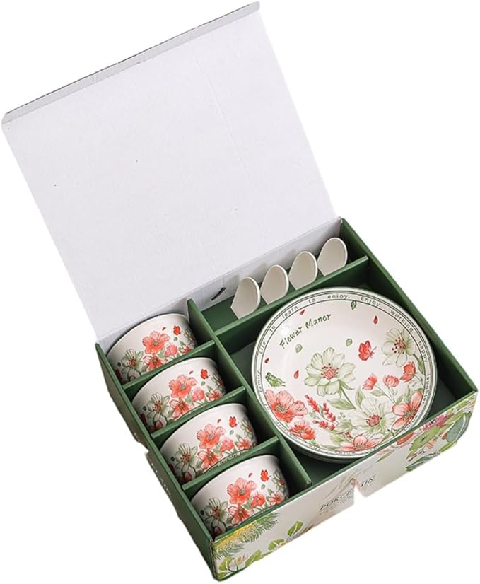 Premium Ceramic Dinnerware Set ??Floral Bowls & Plates Set, Elegant Hand-Painted Design, Microwave Safe, Ideal for Wedding/Housewarming/Corporate Gifts (Blossoms, 4*bowls+spoons+plates)