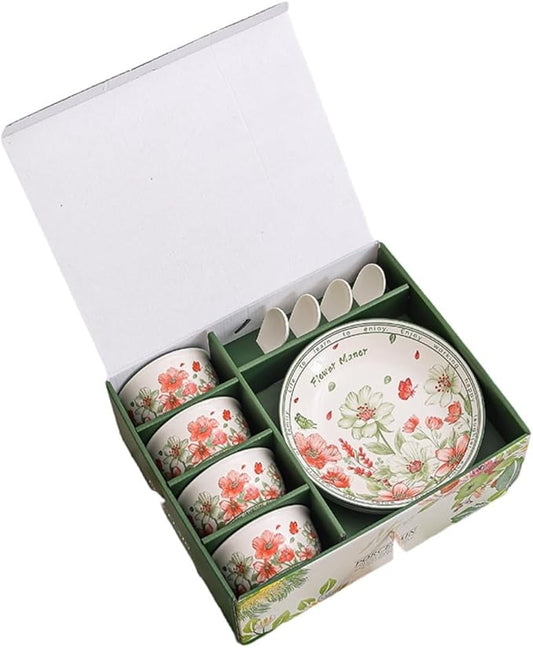 Premium Ceramic Dinnerware Set ??Floral Bowls & Plates Set, Elegant Hand-Painted Design, Microwave Safe, Ideal for Wedding/Housewarming/Corporate Gifts (Blossoms, 4*bowls+spoons+plates)