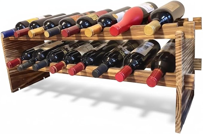 Carbonized Pine Wood Wine Rack - 2-Tier Stackable Wine Storage, Holds 16 Bottles, Freestanding Wine Organizer for Kitchen, Living Room, Stylish & Durable