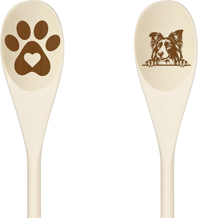 BORDER COLLIE Wooden Spoons for Cooking, Serving or Decorative Kitchen Utensils Set Dog Lover Dog Mom/Dad Gift with Peeking Dog Designs, Paw Print and Dog Head, Kitchen Utensils Set of 2
