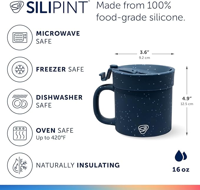 Silipint 16oz Silicone Coffee Mug Tumbler with Flip Lid ??Unbreakable Dishwasher Safe Microwave Oven & Freezer Compatible ??Non-Toxic Reusable Cup, Coffee Tea, Cold Drinks, Speckled Blue - Pack of 2