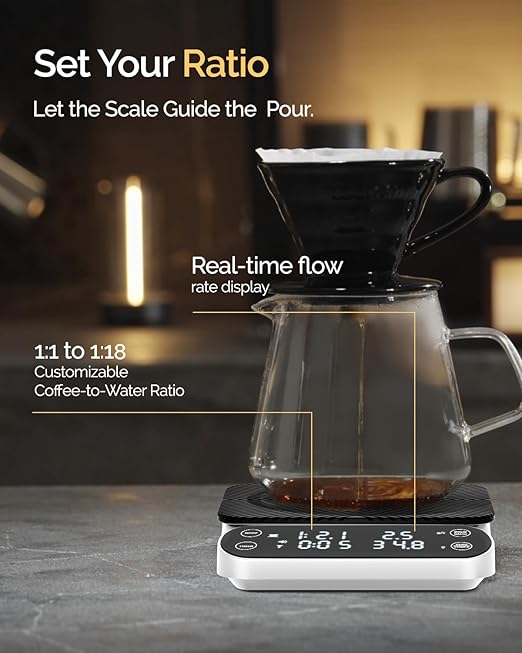 Maestri House S3 Coffee Scale with Timer, 3kg/0.1g Rechargeable Digital Scale, 3 Brew Modes, Adjustable Ratios & Flow Rate Display, Barista-Grade for Pour-Over, Espresso, French Press ?“White