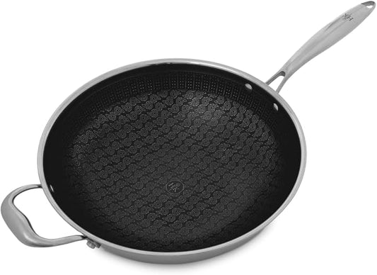 Hell's Kitchen Hybrid 12??Wok Pan, Tri-Clad Stainless Steel and Nonstick Ceramic, PFAS Free, no PFOA, no PTFE, no Teflon, Non Toxic Cookware, Metal Utensil Safe, All Cooktops and Oven Safe