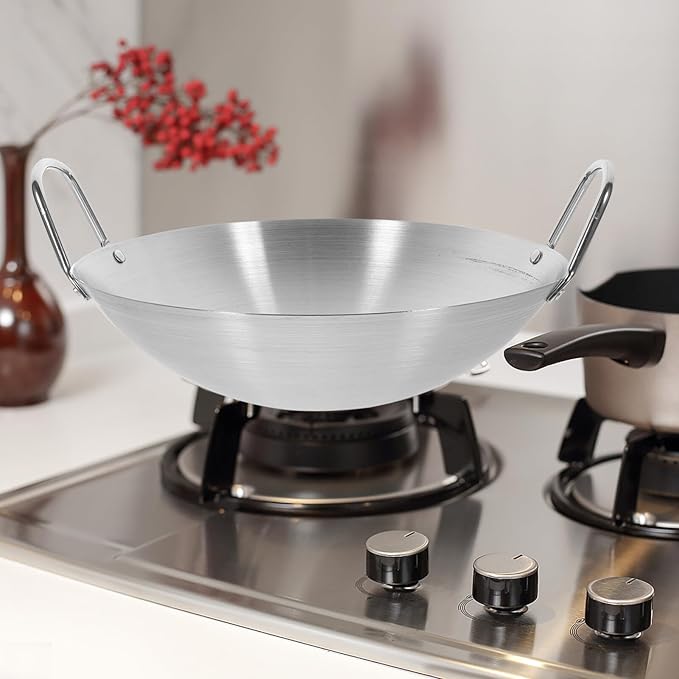 STOBOK Stainless Steel Wok Pan 10 Inch Round Bottom Double Handle Frying Pan for Stir-Frying Sauteing and Cooking on Induction and Gas Cooktops